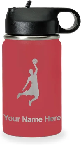 Vista 28 de LaserGram Botella de Agua Personalizada, Basketball Slam Dunk Man, Acero Inoxidable de Doble Pared con Aislamiento al Vacío con Pajita Abatible