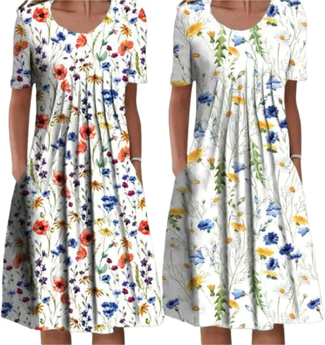 Vista 4 de Deuyo - Vestidos para mujeres maduras, vestidos para mujeres 2023, vestido plisado por debajo de la rodilla con cuello redondo (M, G)