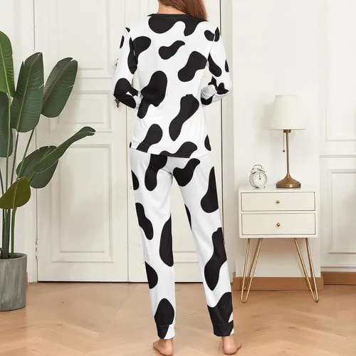 Vista 6 de Conjunto de pijama de dos piezas para mujer, estampado de vaca, color blanco y negro, 2XL