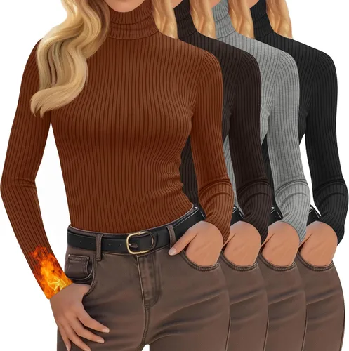 Vista 21 de Oakgarden Paquete de 4 camisetas térmicas de cuello alto para mujer, de manga larga, acanaladas, de algodón, ajustadas, capa base, ropa