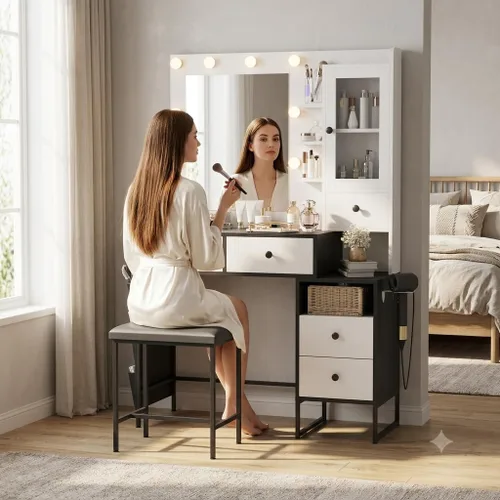 Vista 7 de YIKEHOME Escritorio de tocador de maquillaje con luces de espejo Juego de mesa de tocador con luces LED, con cajones grandes, estación de carga