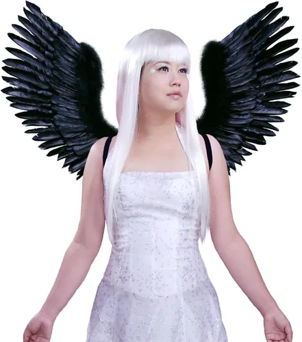 Vista 2 de FashionWings (TM) Disfraz de plumas con forma de V, diseño de alas de ángel para adultos, unisex, color negro, Negro, L, Large wingspan