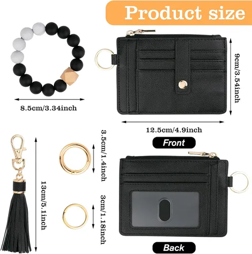 Vista 2 de Cartera llavero pulsera para mujer, delgado RFID tarjeta de crédito, monedero, borla llavero brazalete para hombres y mujeres, negro, (Rfid-black)