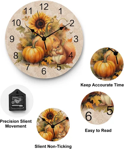 Vista 3 de Reloj de pared silencioso de PVC de 10 pulgadas, redondo, con girasol, calabaza, otoño, Acción de Gracias, reloj colgante para cocina, sin tictac