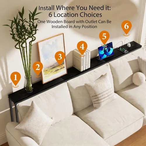 Vista 5 de Mesa de sofá de consola estrecha de 78 pulgadas con tomas de corriente y 2 puertos USB, en forma de L detrás del sofá, 3 opciones de montaje, mesas