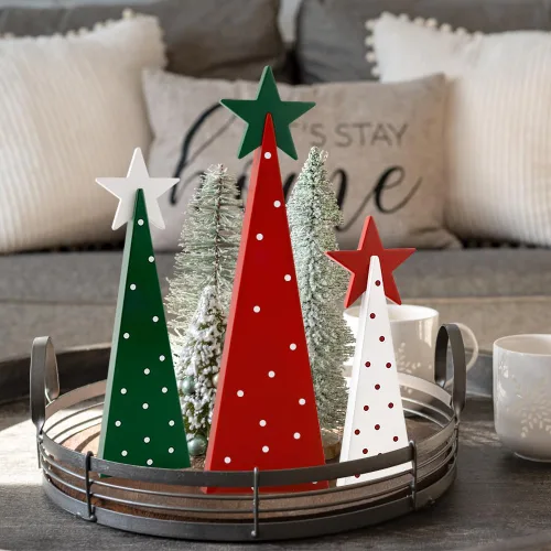 Vista 5 de Decoraciones de Navidad para interiores, decoración de Navidad - 3 piezas de señales de árbol de Navidad de madera con estrellas para el hogar