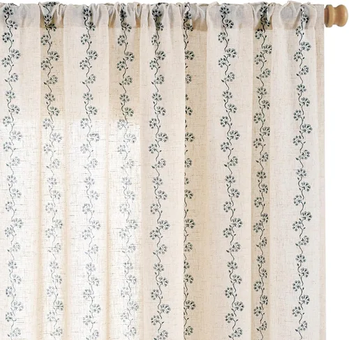 Vista 24 de Lazzzy Cortinas de lino floral verde con bolsillo para barra de granja, 50 Charlotte Verde