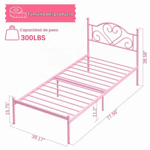 Vista 2 de Base de cama individual con cabecero, plataforma de metal resistente debajo de la cama, espacio de almacenamiento fácil de montar para niños, niñas