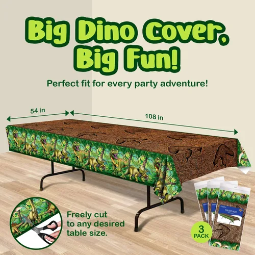 Vista 2 de Beistle Mantel de dinosaurio, 54 x 108 pulgadas, 3 piezas, mantel de plástico, decoración de mesa de dinosaurio, mantel de cumpleaños con temática