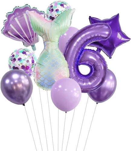 Vista 19 de 7 globos de sirena con números para fiesta de cumpleaños de 1, 2, 3, suministros de decoración de cola de sirena para niñas (número 0)