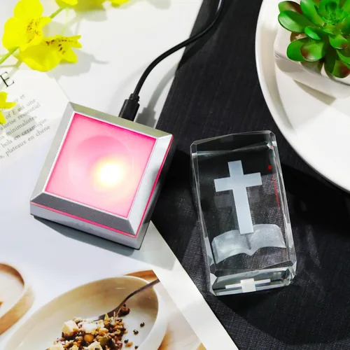 Vista 4 de YWHL Figura de Cruz de Cristal 3D con Base de Luz Colorida, Grabada Láser, Regalos Religiosos Bíblicos para Mujeres y Hombres, Decoración Cristiana