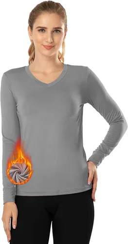 Vista 6 de MANCYFIT Tops térmicos para mujer, camisa con forro polar, manga larga, capa base, cuello en V