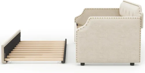 Vista 8 de Sofá cama tamaño individual con trundle, marco de sofá cama individual tapizado, sofá cama para dormitorio y sala de estar, beige