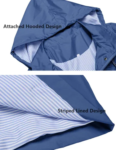 Vista 4 de Chaqueta impermeable para mujer, con capucha, ligera, forro a rayas, resistente al agua y cortaviento