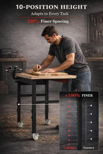 Vista 4 de Banco de trabajo resistente de 60 pulgadas, banco de trabajo de capacidad de carga de 2500 libras con parte superior de madera laminada de 1.2