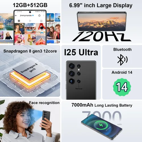 Vista 2 de I25 Ultra 5G - Teléfono inteligente desbloqueado, 16 GB+512 GB 7000 mAh, teléfono celular completamente para Android 14, pantalla HD de 6.99 Rosa