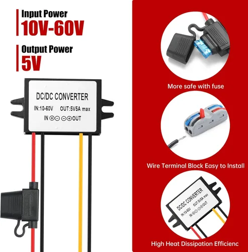 Vista 3 de Convertidor industrial IP67 impermeable DC-DC 10-60V a 5V 5A 25W - Regulador de voltaje solar/camión/marino, adecuado para entornos hostiles, a