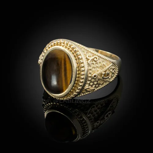 Vista 2 de Anillo masónico de oro amarillo de 14 quilates con cabujón de ojo de tigre