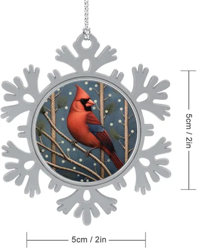 Vista 2 de El cardenal rojo se sienta en una rama de pino en el invierno, adornos de Navidad de copo de nieve de metal, patrón de pájaro cardenal, regalo