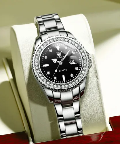 Vista 7 de OLEVS Reloj de pulsera para mujer, elegante, con diamantes, analógico, de cuarzo, de dos tonos, de acero inoxidable, impermeable, luminoso, regalo