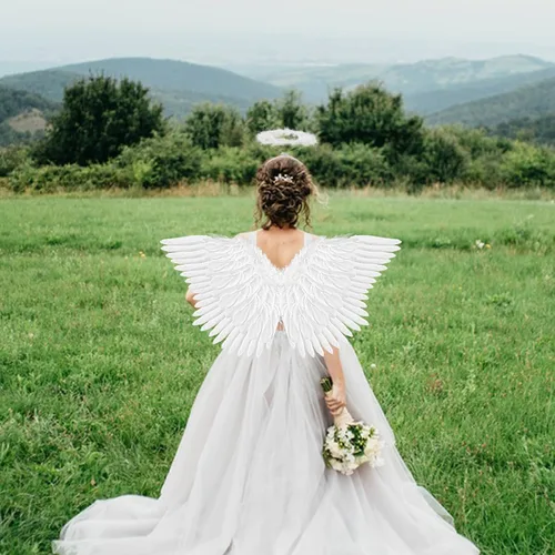 Vista 5 de Alas de ángel y halo para adultos, disfraz de ángel de plumas para mujeres, niños y niñas, accesorios de disfraces de cosplay de Halloween