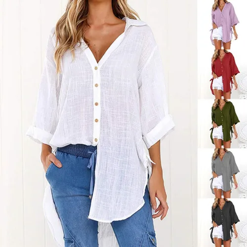 Vista 3 de Sudadera sin botones para mujer de talla extragrande, camisas de manga larga con cuello en V, camisas con botones y bolsillos