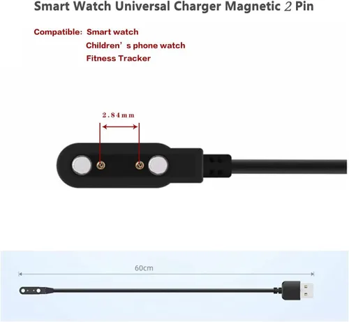 Vista 3 de Cable de carga para reloj inteligente, accesorios magnéticos para SmartWatch, cable de carga de 2 pines, espacio entre pines de contacto