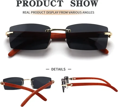 Vista 6 de Dollger Gafas de sol rectangulares sin montura para hombres y mujeres diseño de madera hip-hop pequeñas gafas de sol cuadradas sin marco de los años