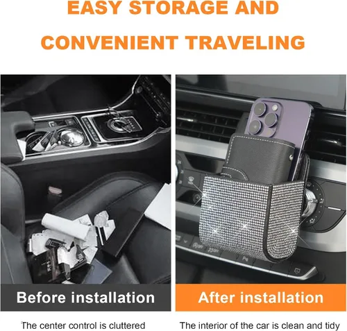 Vista 5 de Dickno Organizador de Coche, Bolsillo de Cuero con Diamantes de Imitación para Rejilla de Ventilación, Caja Automotriz Brillante con Gancho, Soporte