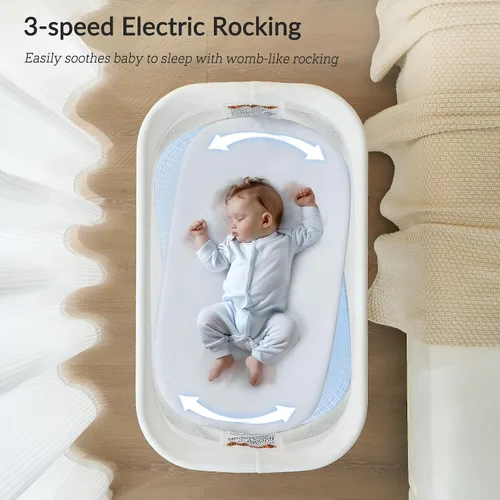 Vista 2 de Cuna mecedora para bebé, moisés eléctrico mecedor, gris claro 3 Atuo Rocking Speed, 5 Melodies & 3 white noise, Supports battery power,Tool-free