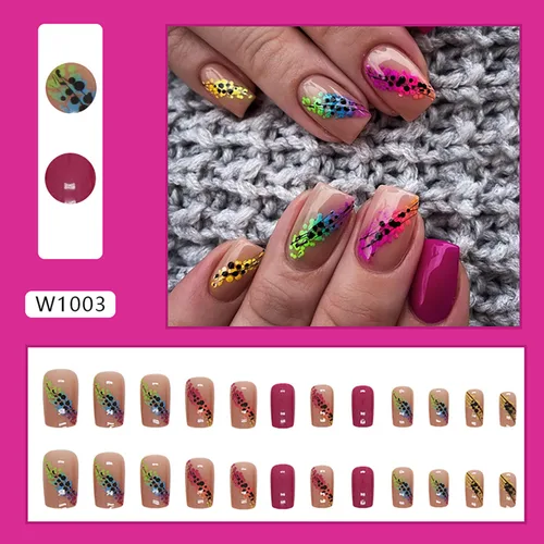 Vista 6 de 24 piezas de uñas postizas medianas cuadradas de ataúd, uñas postizas de cobertura completa, uñas postizas brillantes con diseños, uñas acrílicas