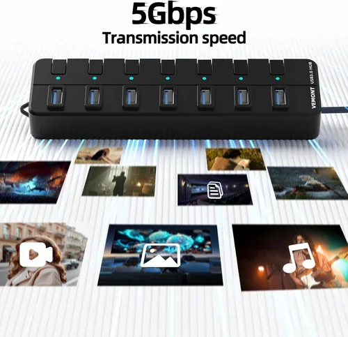 Vista 4 de Concentrador USB, concentrador USB 3.0 de 7 puertos, divisor USB VEMONT con interruptores y luces individuales de encendido/apagado, cable largo USB