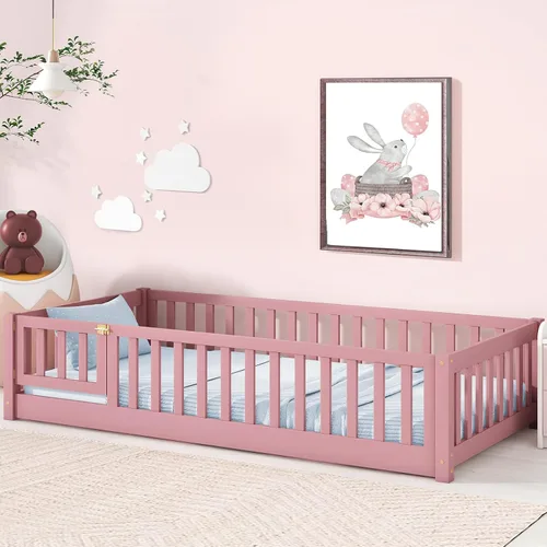 Vista 13 de Tatub Cama de suelo individual con barandillas de seguridad y puerta y listones, marco de cama Montessori de madera para niños y niñas, tamaño Gris