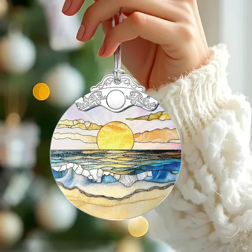 Vista 2 de Adorno de Vidrio Manchado de Puesta de Sol en la Playa, Adorno Navideño – Decoración de Árbol de Navidad, Decoración Festiva, Relleno de Calceti