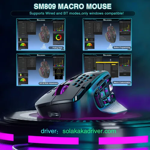 Vista 4 de SOLAKAKA SM809 Pro - Mouse para juegos con 9 botones laterales, mouse RGB de 24000 DPI para jugadores, 16 macros programables MMO, color negro
