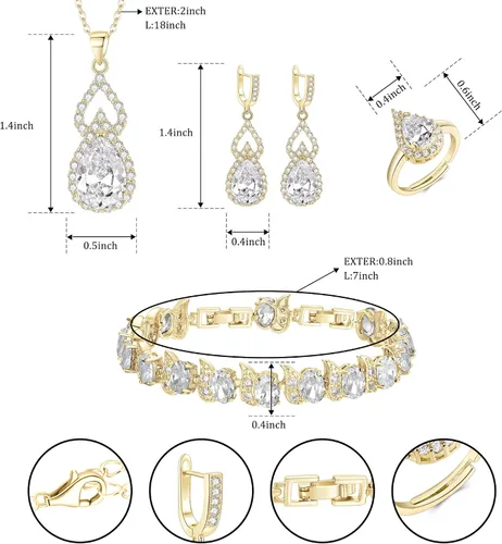 Vista 5 de Juego de collar y aretes colgantes con circonita cúbica para novia, día de San Valentín, día de la madre, Acción de Gracias, Navidad, regalos