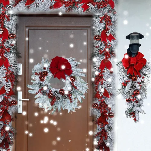 Vista 3 de Guirnalda de Navidad artificial de 3.93 pies, corona de Navidad con cinta roja, ramo de bayas, bolas de Navidad y piñas, guirnalda de Navidad