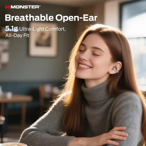 Vista 14 de Monster Open Ear AC225 - Auriculares inalámbricos Bluetooth 6.0, sonido estéreo, ligeros y cómodos auriculares con clip con micrófono ENC