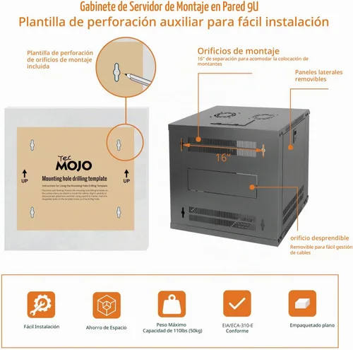 Vista 5 de Tecmojo 9U Gabinete de servidor de montaje en pared IT Rack de red con puerta y paneles laterales con cerradura, puerta de vidrio, ventilador
