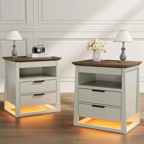 Vista 10 de Rresyet Mesita de noche de 3 cajones con estación de carga, luces LED y estante abierto, moderna mesita de noche con almacenamiento, mesita de noche