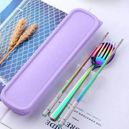 Vista 2 de Color ME - Juego de utensilios portátiles, cubiertos de viaje para acampar con estuche de almacenamiento, juego de cubiertos de acero inoxidable