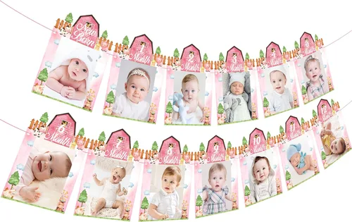 Vista 2 de Cartel de fotos de 1er cumpleaños de animales de granja, rosa para niñas, temática de granja, recién nacido a 12 meses, cartel fotográfico para bebé