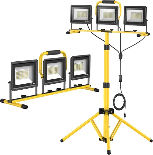 Vista 8 de Luces de trabajo LED mejoradas con soporte, 21000 lúmenes, luz de trabajo ajustable de 3 cabezales, trípode plegable impermeable, cable extendido