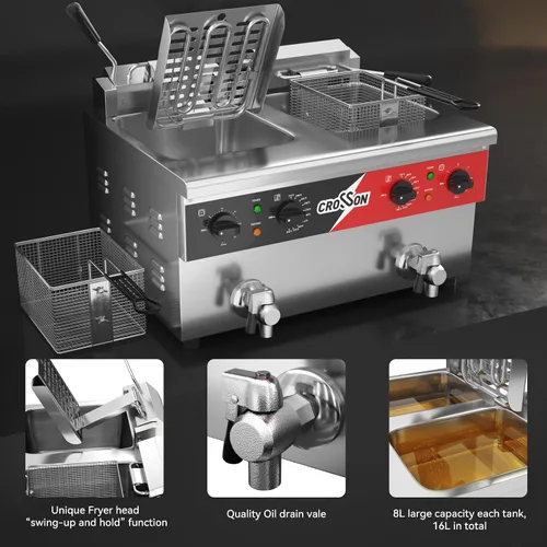 Vista 5 de CROSSON Freidora eléctrica de mostrador de doble tanque de 16L con "Swing-up and Hold", válvula de drenaje, tanque de aceite de formación por