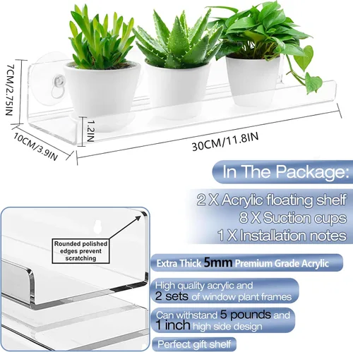 Vista 2 de Paquete de 2 cajas de ventana de acrílico de 12 pulgadas, estantes para plantas, con extensor de alféizar de ventana con ventosa, para suculentas