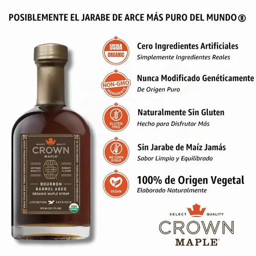 Vista 4 de Jarabe de arce de grado A, Crown Maple, orgánico, Bourbon Barrell añejo, 12.7 onzas