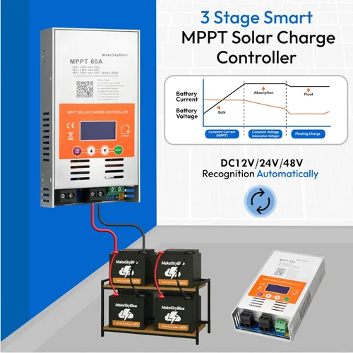 Vista 5 de 60A Controlador de carga solar MPPT V124 – Actualizado, detección automática de 12V/24V/48V, compatible con baterías de plomo-ácido y litio, entrada
