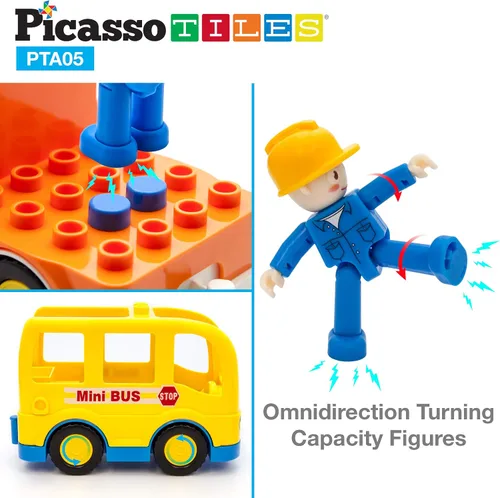 Vista 6 de PicassoTiles Juego de figuras magnéticas de 5 piezas para vehículos y figuras de acción, incluyendo autobús escolar, automóvil, camión y 2