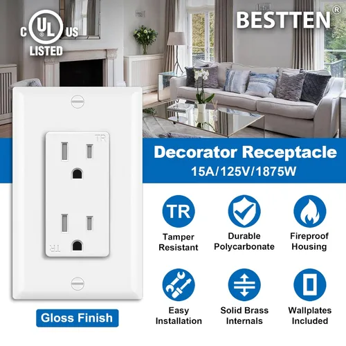 Vista 2 de BESTTEN Paquete de 60 tomas de corriente de 15 amperios, toma de pared eléctrica estándar, certificación UL, receptáculo resistente a