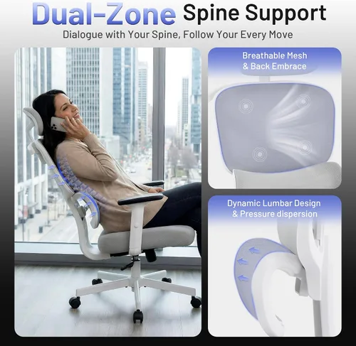 Vista 7 de AreShark Silla ergonómica de oficina – Silla de escritorio de malla transpirable con respaldo alto con soporte lumbar y reposacabezas ajustable